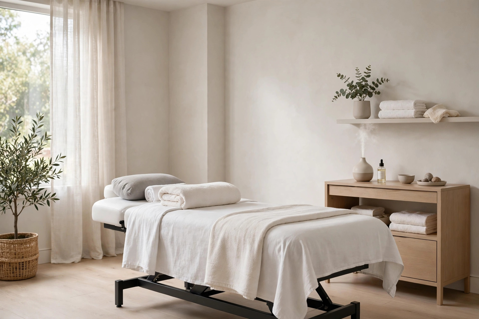 Bright modern med spa treatment room with a treatment bed