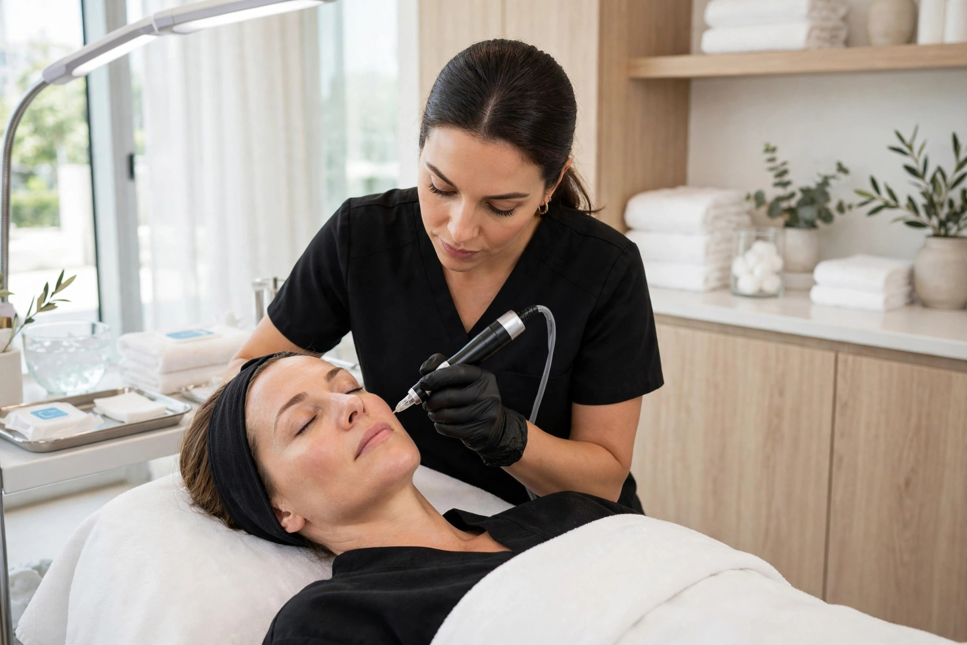 Microneedling treatment performed on a client's face