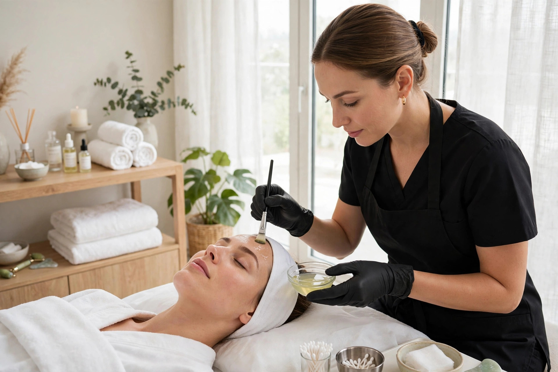 Aesthetician applying a chemical peel in a spa treatment room