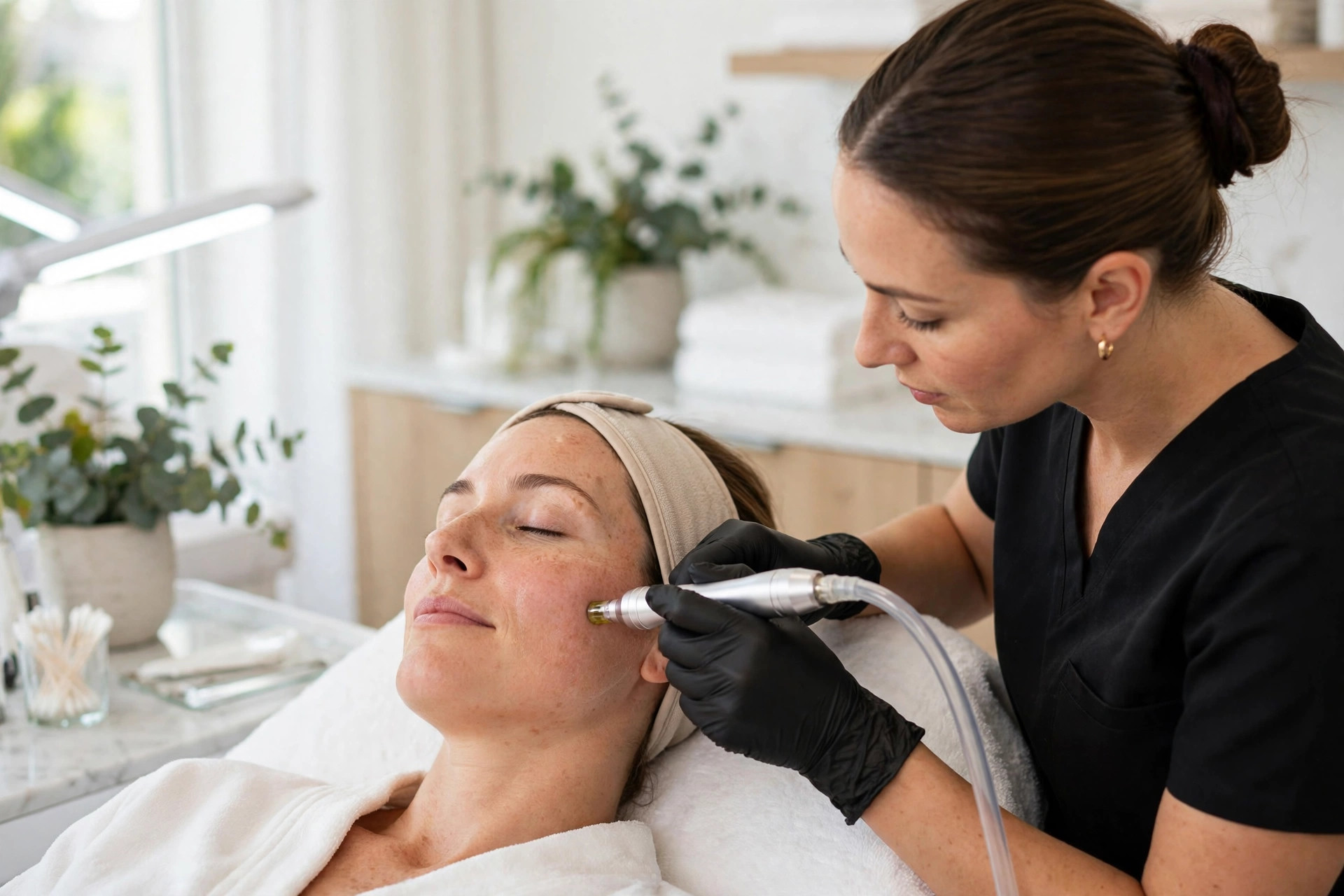Microdermabrasion treatment on a client's cheek
